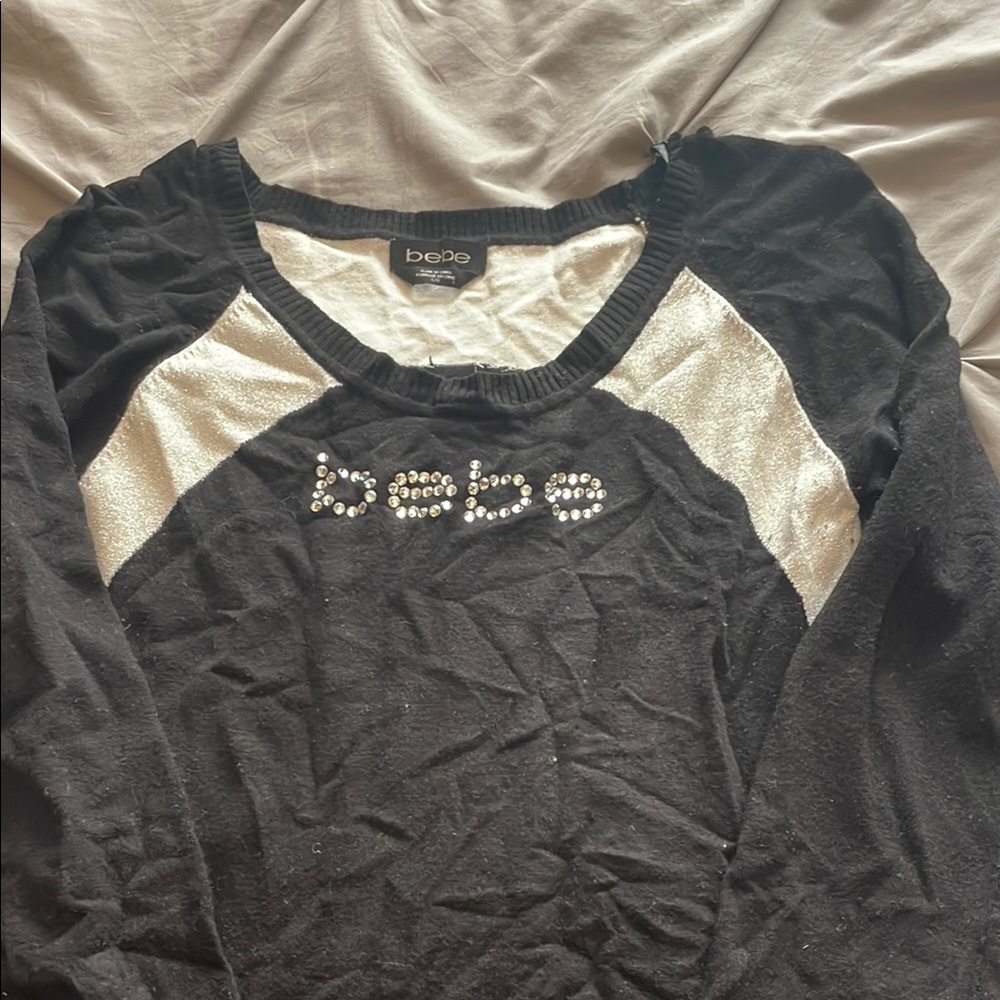 Bebe Black and Cream Long Sleeve Top
